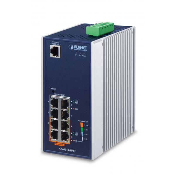PLANET IGS-4215-4P4T switch di rete Gestito L2/L4 Gigabit Ethernet [10/100/1000] Supporto Power over Ethernet [PoE] Blu, Bianco (IP30 Industrial L2/L4 4-Port - 10/100/1000T 802.3at PoE - + 4-Port 10/