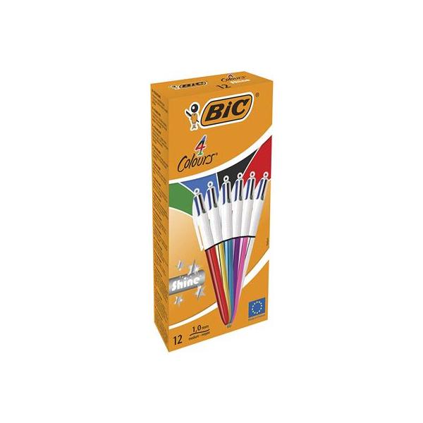 BIC 4 Colours Shine Nero, Blu, Verde, Rosso Penna a sfera retrattile a clip Medio 12 pz (BIC 4 Colours Assorted Shine Ballpoint Pens Pack of 12)