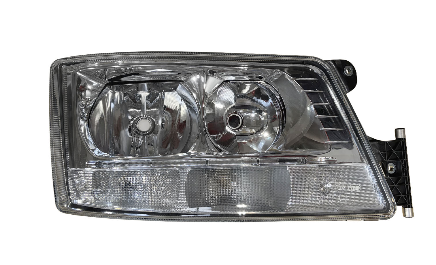 PROIETTORE DESTRO ELETTRICO ALOGENO-LED 24 V CON PORTALAMPADA - SENZA LAMPADINA (H7 - H7 - PY21W - H21W - LED) CON LUCI DIURNE H21W CONNETTORE RETTANGOLARE POSTERIORE CENTRALE 6+3 PIN - CON MOTORINO