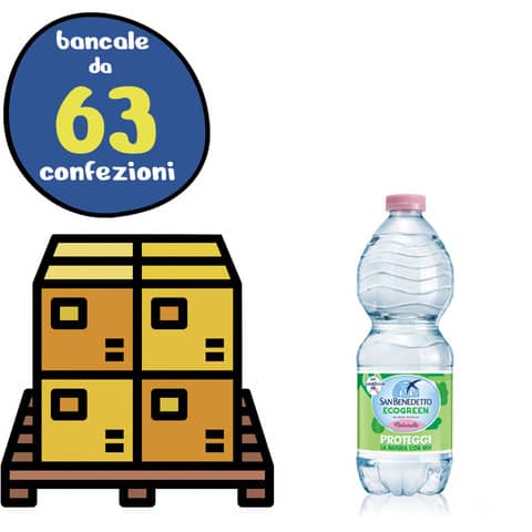 Bancale 63 confezioni da 24 bottigliette di acqua minerale naturale San Benedetto da 500 ml, proveniente dalle Alpi Biellesi. La linea sostenibile Ecogreen è stata creata per ridurre l'impatto ambien