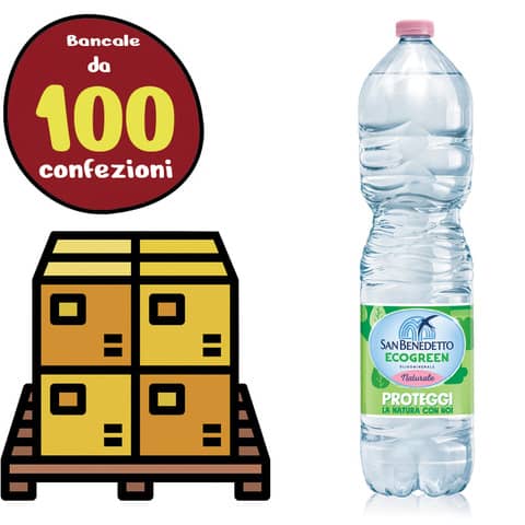 Bancale 100 confezioni da 6 bottiglie da 1,5 L di Acqua Minerale Naturale San Benedetto. Fonte Benedicta Scorzé (VE). La linea Ecogreen prevede plastica sostenibile creata per ridurre l'impatto ambie