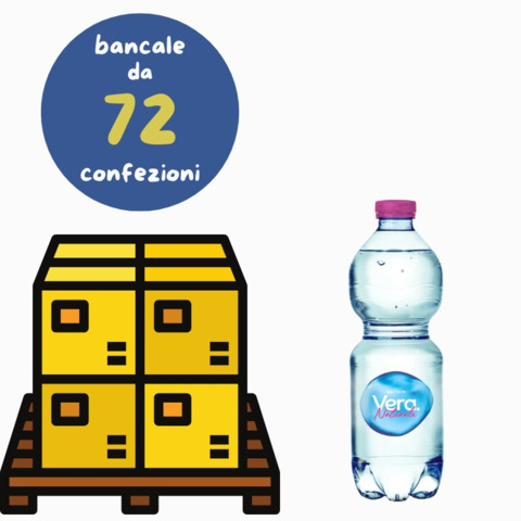Bancale composto da 72 confezioni da 24 bottiglie realizzate in PET di Acqua Vera naturale nella versione 500 ml. Formato ''On The Go'' ideale per essere trasportato ovunque: a scuola, al lavoro oppu