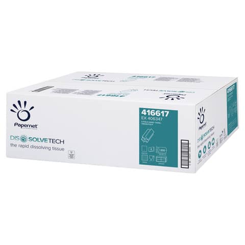 Asciugamani interfogliati piegati a Z Papernet Dissolve Tech - 2 veli 24x20,3 cm Conf. 20 fascette da 200 pz - 416617