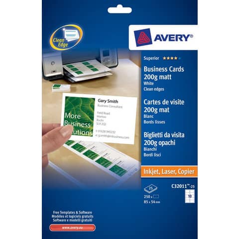 Biglietti da visita personalizzabili Avery Quick&Clean™ 85x54 mm 10/foglio opachi per laser - conf. 25 ff C32011-25
