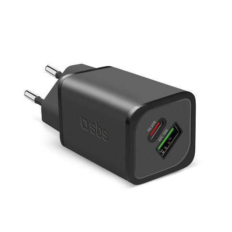Caricatore da parete SBS GaN 65W 1xType C PD 65W+ 1xUSB AFC 18W - GaN. Split 45W +18W - nero - TETRGANUSBCPD65W