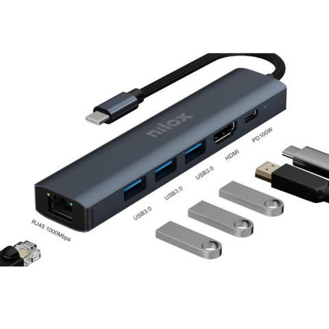 Docking station USB-C 6 in 1 Nilox Tech 1x HDMI 4K + 1x RJ45 + 3x USB-A 3.2 + 1x USB-C alimentazione fino 100 W nero -