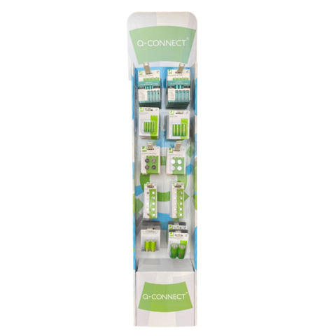 Resta sempre in carica con l'espositore da terra di batterie in blister Q-Connect! Batterie alcaline, al litio e ricaricabili per dare tutta l'energia necessaria! 84 confezioni di prodotti blisterati