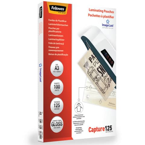 Pouches per plastificatrici Fellowes ImageLast Capture125 finitura lucida - 2x125 µm - A3 - Conf. 100 pezzi 5307506