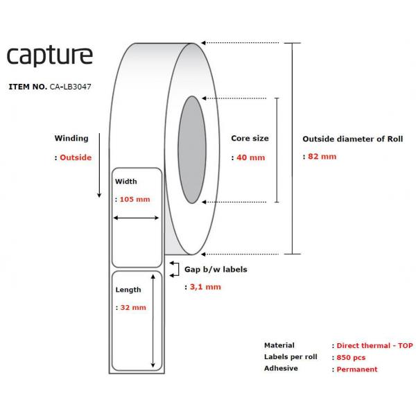 Capture CA-Lb3047 Etichetta Per Stampante Bianco (label 105x32, Core 40, - Diameter 82 Mm. Thermal - Print. Top Coated. Permanent. 850 Labels Per Rol