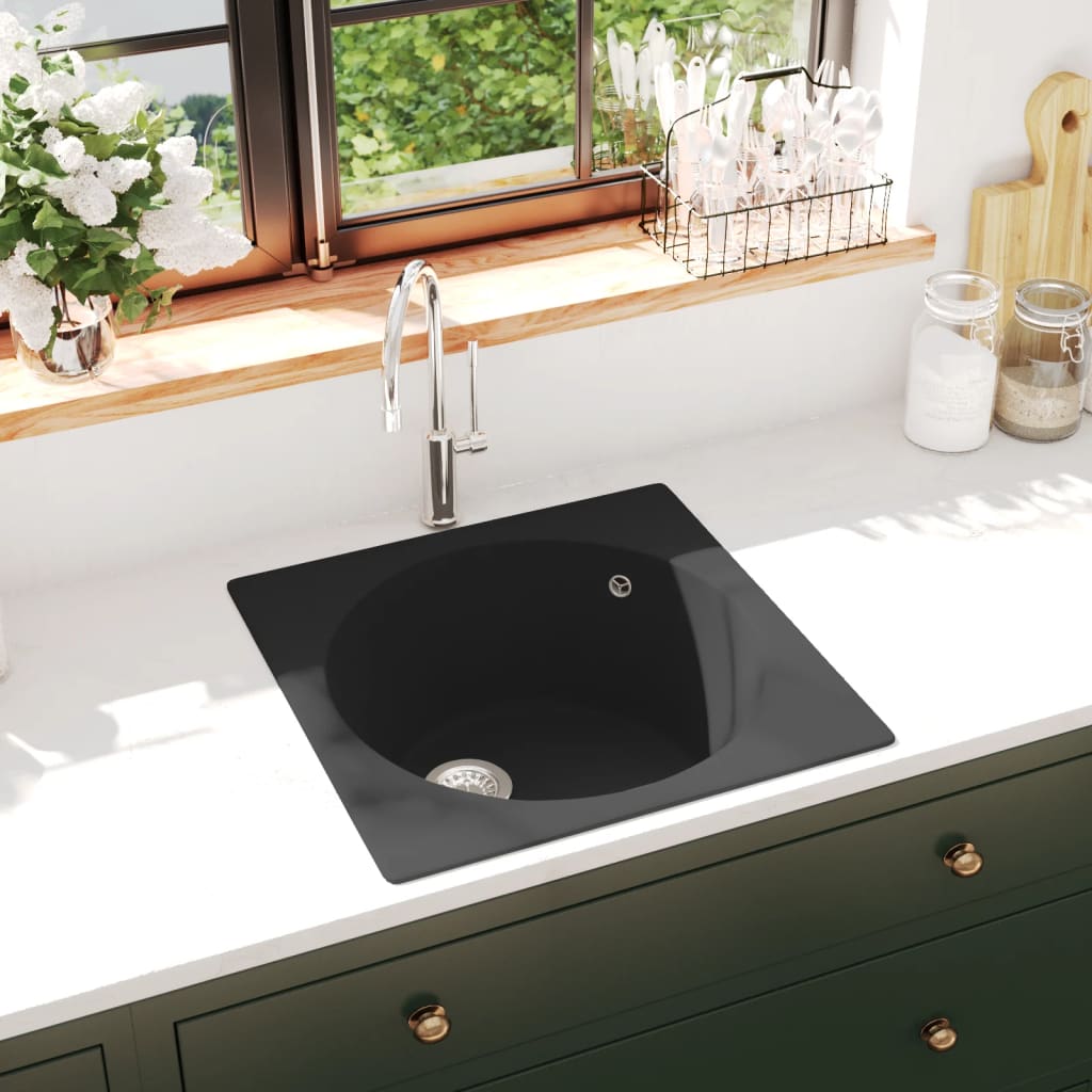 vidaXL Küchenspüle mit Überlauf Schwarz Granit