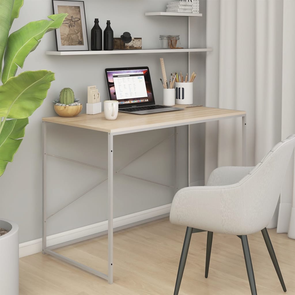 vidaXL Computertisch Weiß und Eiche-Optik 110x60x70 cm Holzwerkstoff