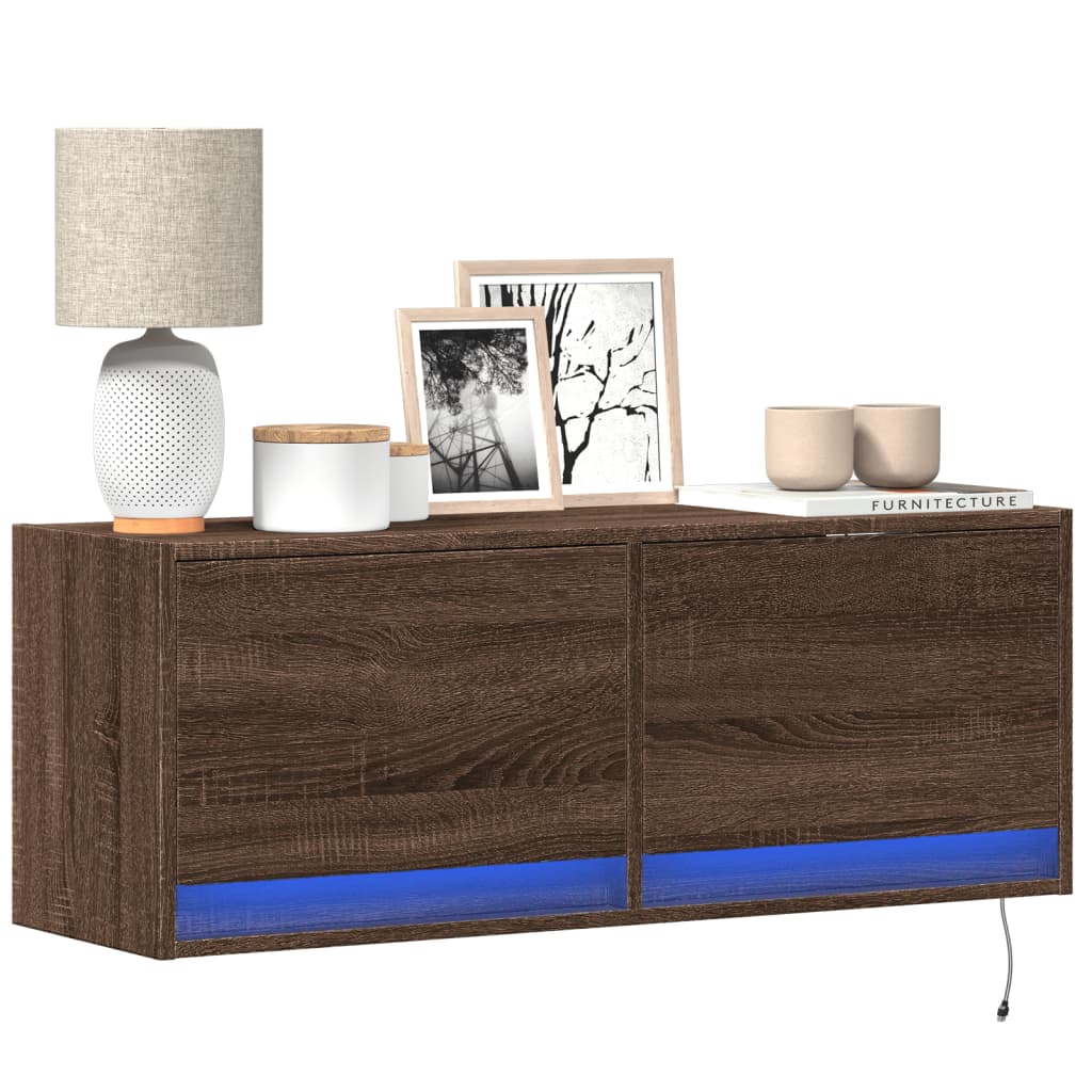 vidaXL Mueble de TV de pared con luces LED marrón roble 100x31x35 cm