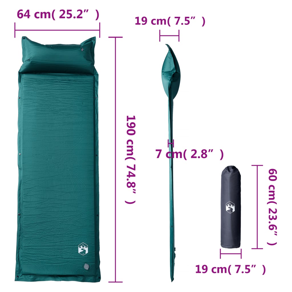 vidaXL Matelas de camping autogonflant avec oreiller 1 personne vert - Image 6