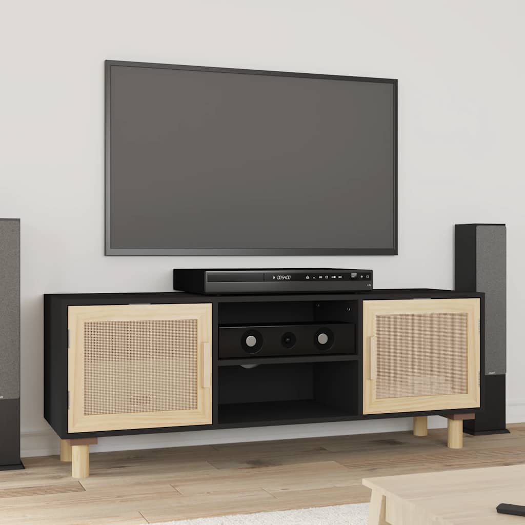 vidaXL Meuble TV Noir 105x30x40cm Bois de pin massif et rotin naturel