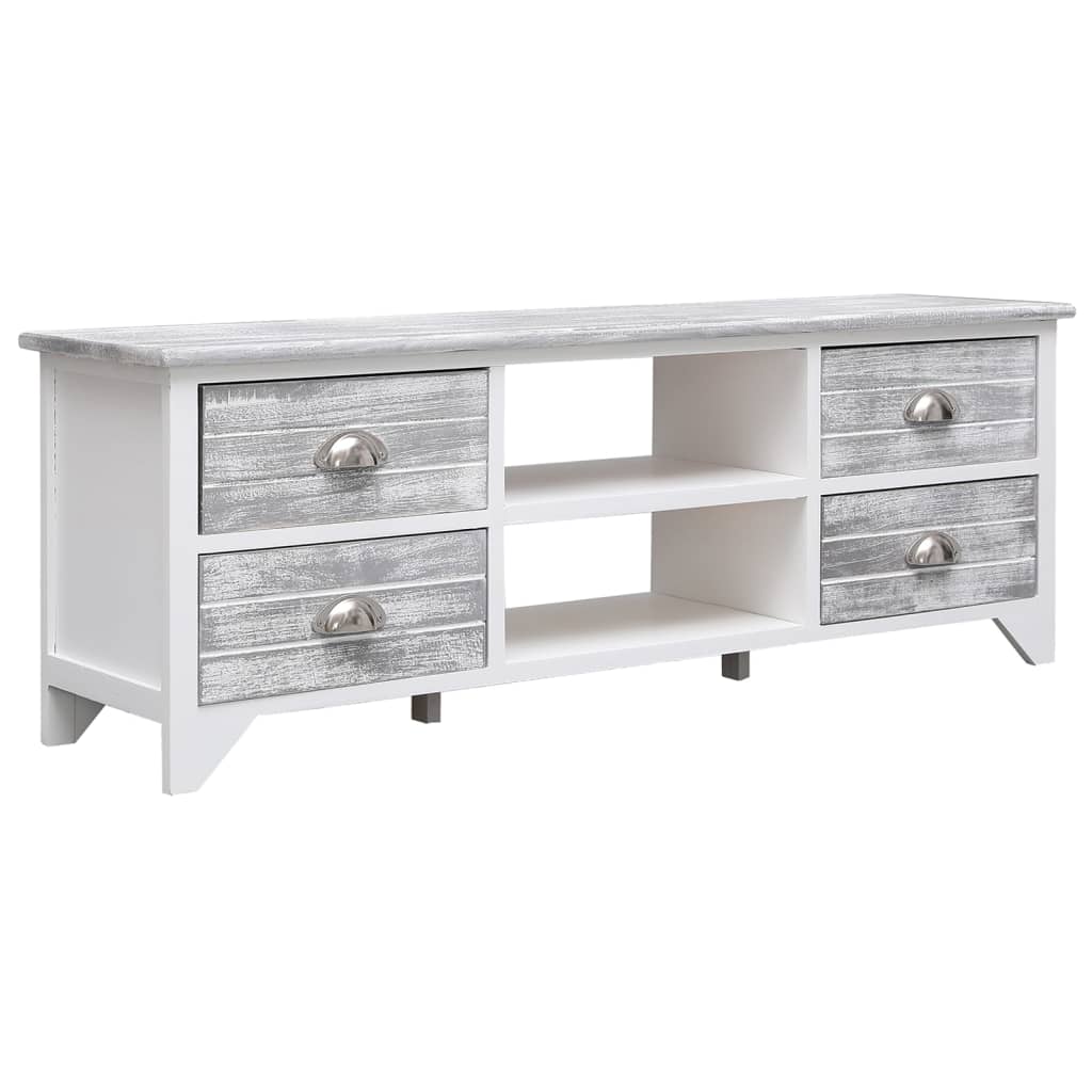 vidaXL Meuble TV Blanc et gris 108x30x40 cm Bois de Paulownia solide