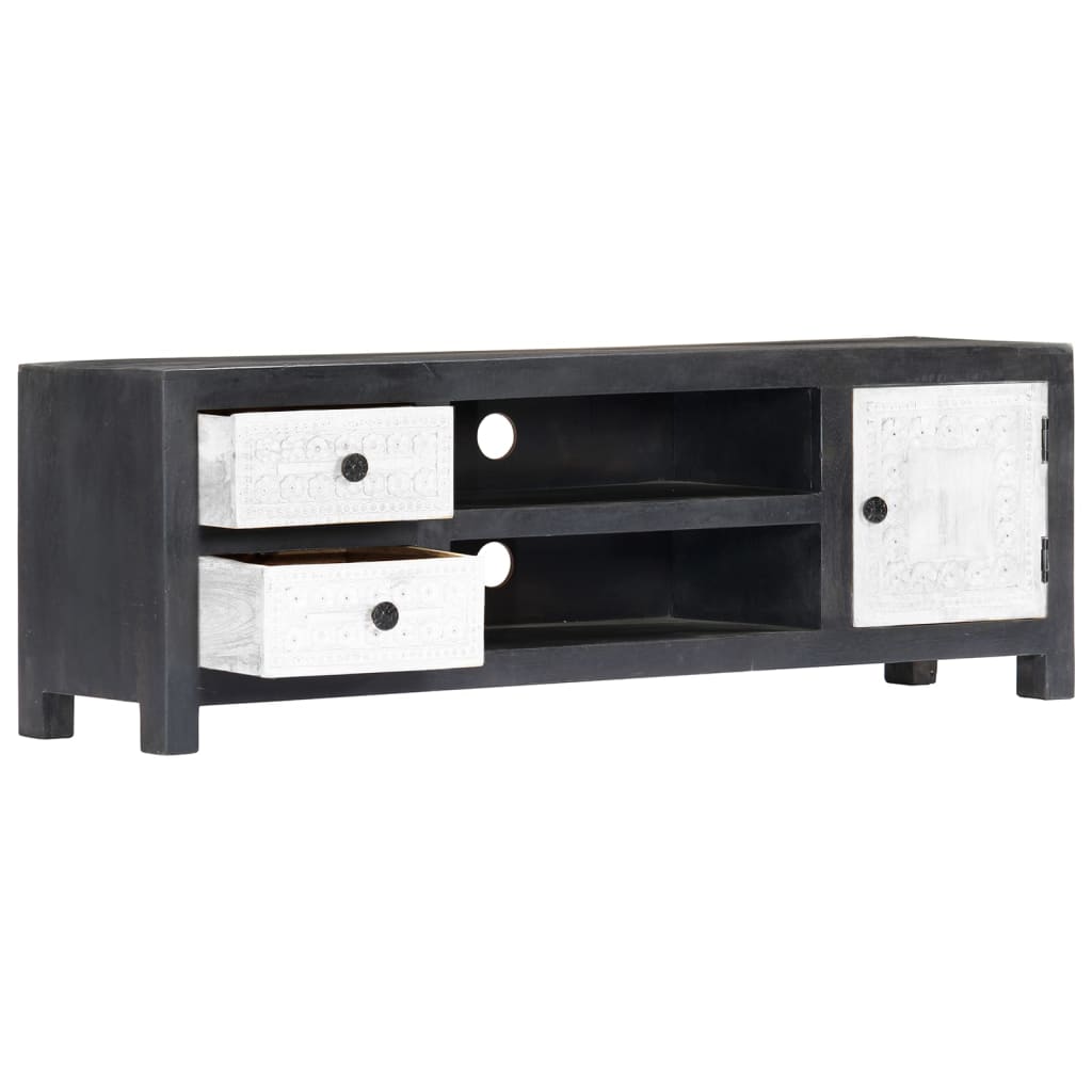 vidaXL Mueble para TV tallado a mano mango gris blanco 120x30x40 cm - Image 5
