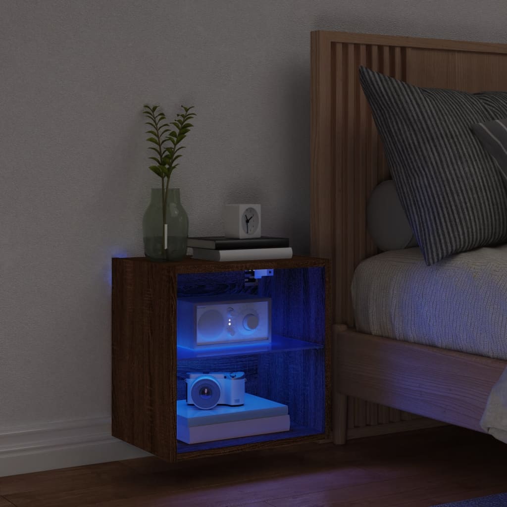 vidaXL Mesita de noche de pared con luces LED roble marrón - Image 3