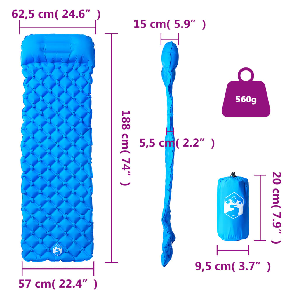 vidaXL Colchón de camping inflable con almohada 1 persona azul - Image 6