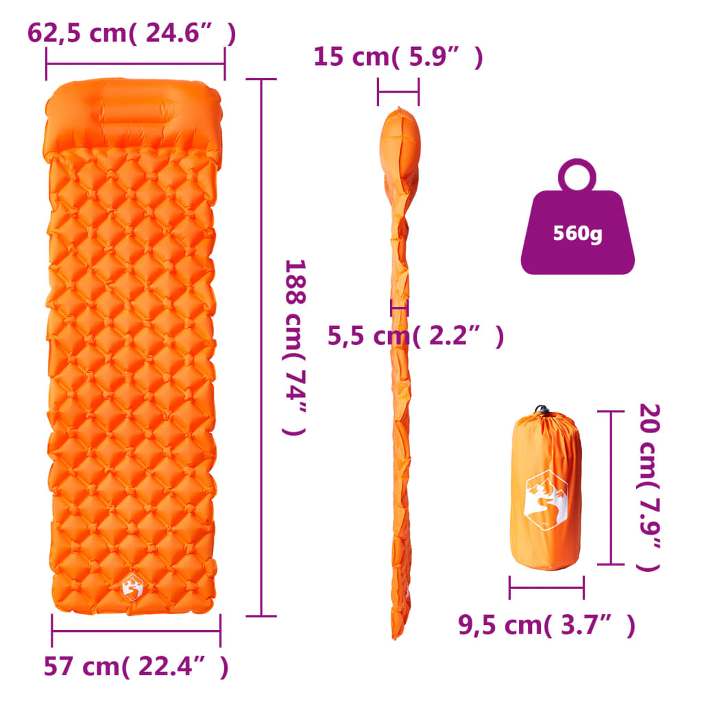 vidaXL Colchón de camping inflable con almohada 1 persona naranja - Image 6