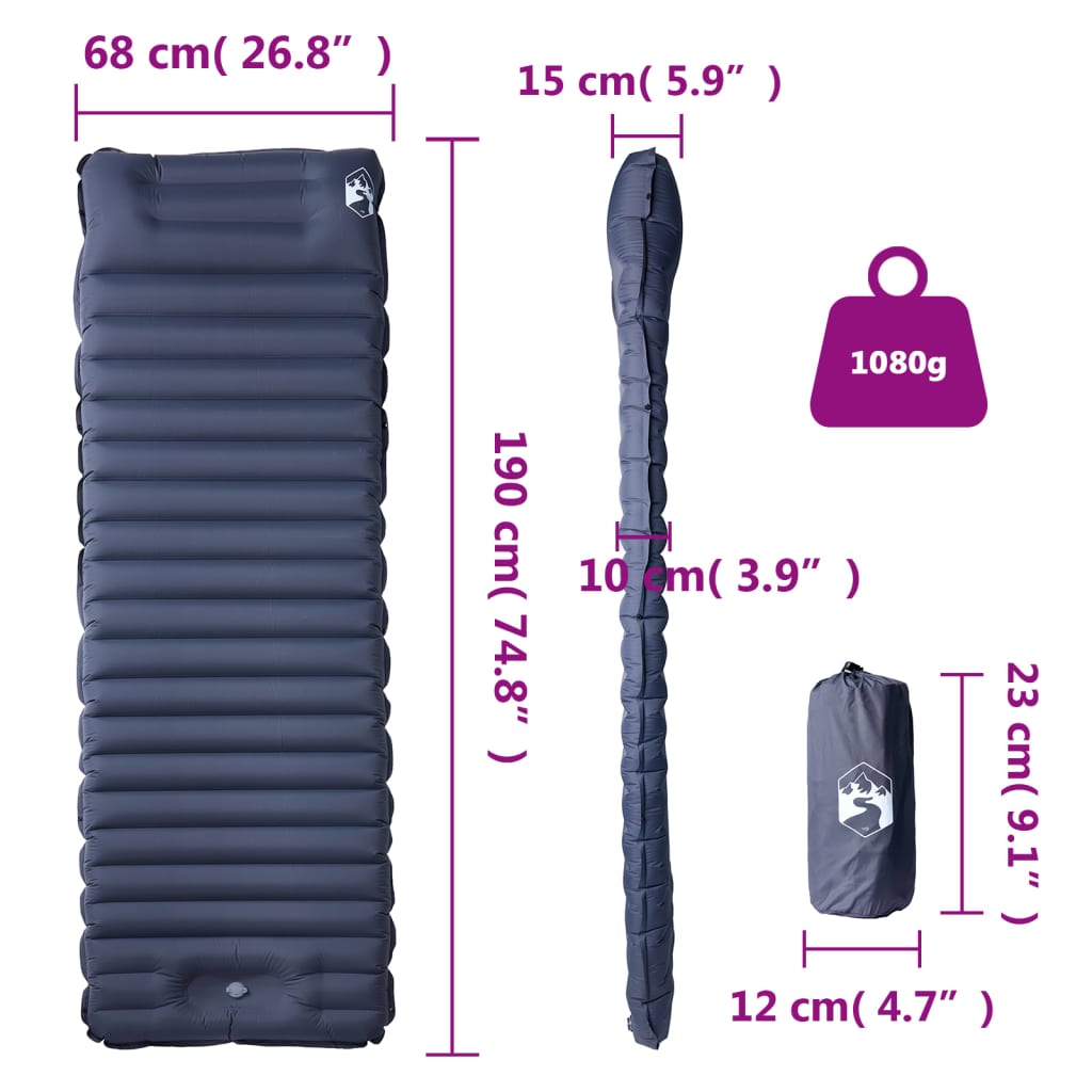 vidaXL Colchón de camping autoinflable con con almohada 1 persona gris - Image 6