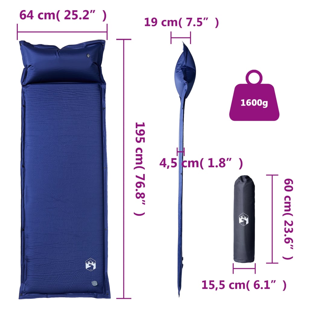 vidaXL Colchón de camping autoinflable con almohada 1 persona azul - Image 6