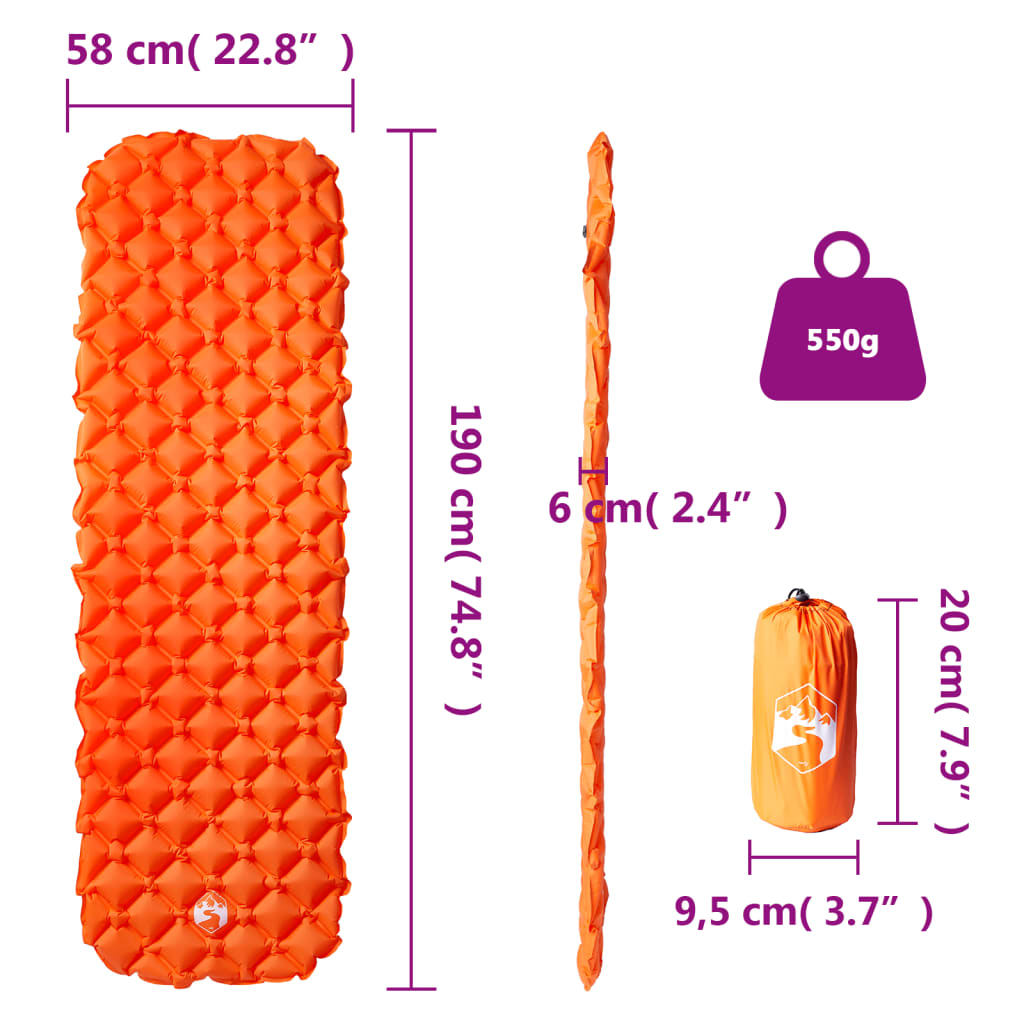 vidaXL Colchón inflable de camping para 1 persona naranja 190x58x6 cm - Image 6