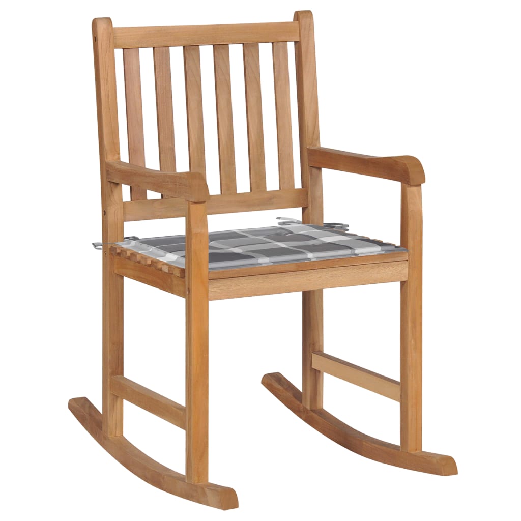 vidaXL Schaukelstuhl mit Grauem Karomuster-Kissen Massivholz Teak