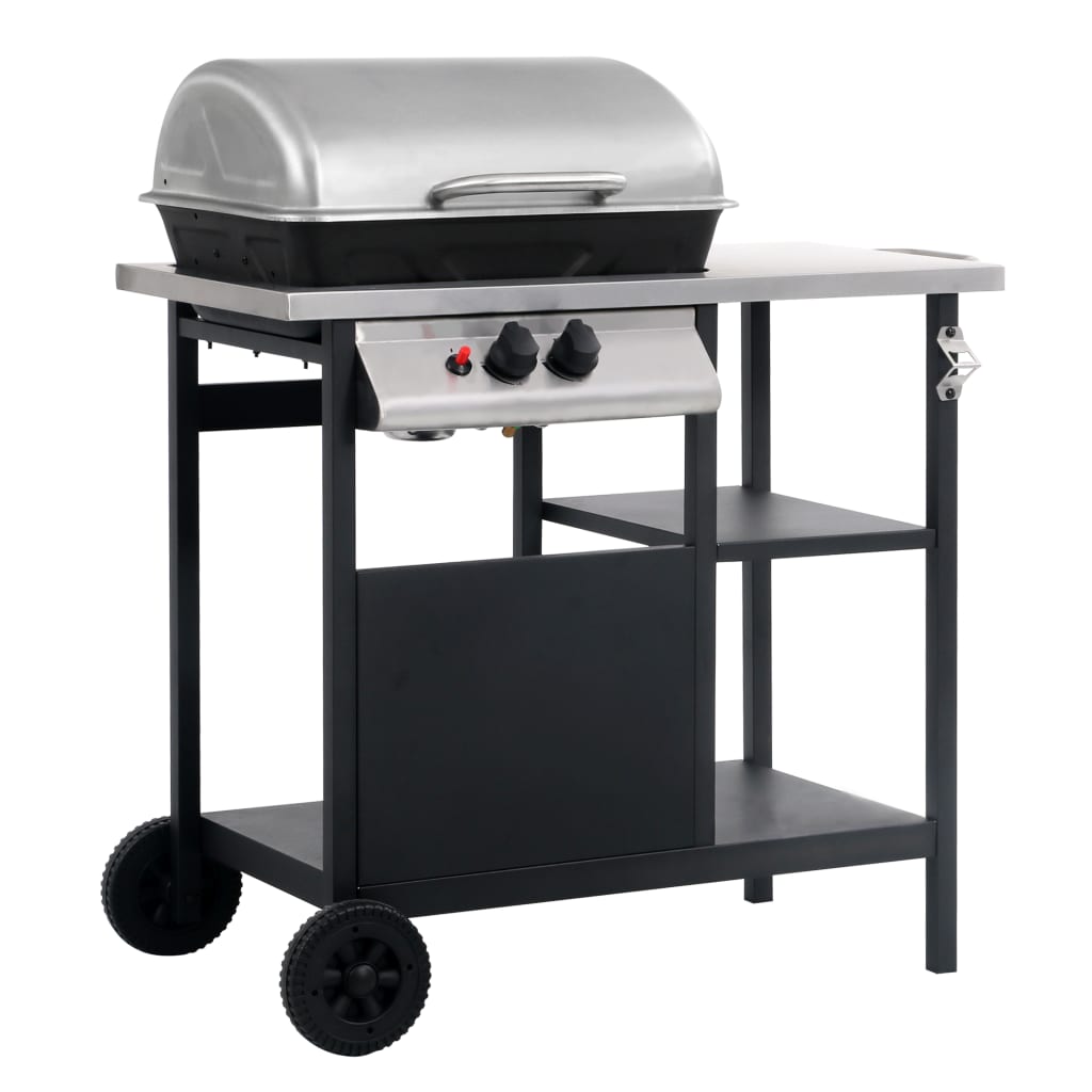 vidaXL Gasgrill mit Beistelltisch auf 3 Ebenen Schwarz und Silbern