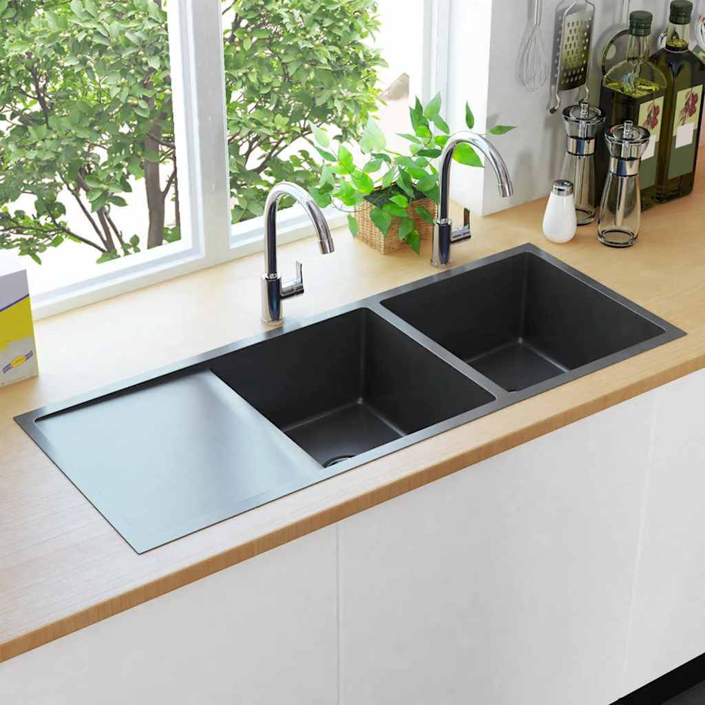vidaXL Handgefertigte Küchenspüle Schwarz Edelstahl - Image 3