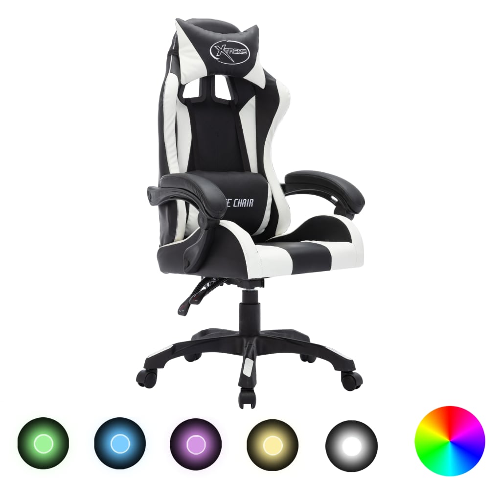 vidaXL Fauteuil de jeux vidéo avec LED RVB Blanc et noir Similicuir