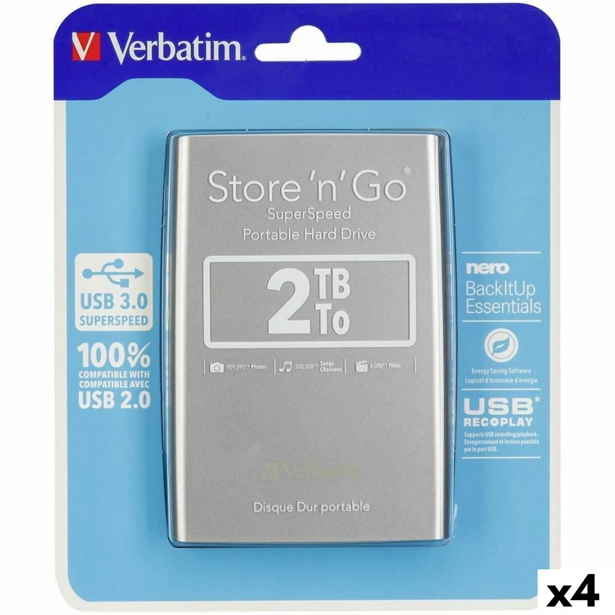Hard Disk Esterno Verbatim STORE 'N' GO Nero Argentato HDD 2 TB (4 Unità)