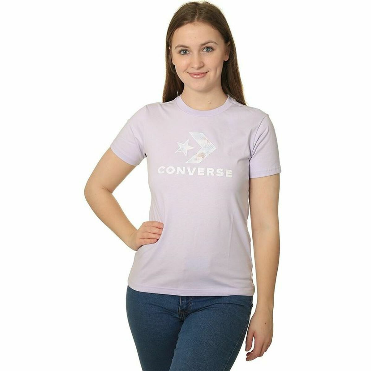 Maglia a Maniche Corte Donna Converse Seasonal Star Chevron Lavanda Taglia:XS