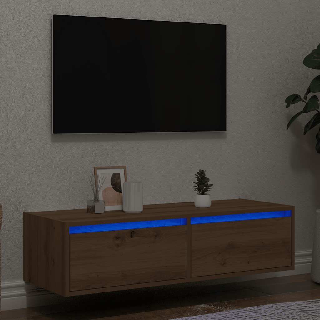 vidaXL Meuble TV avec lumières LED chêne artisanal 100X35,5x25 cm