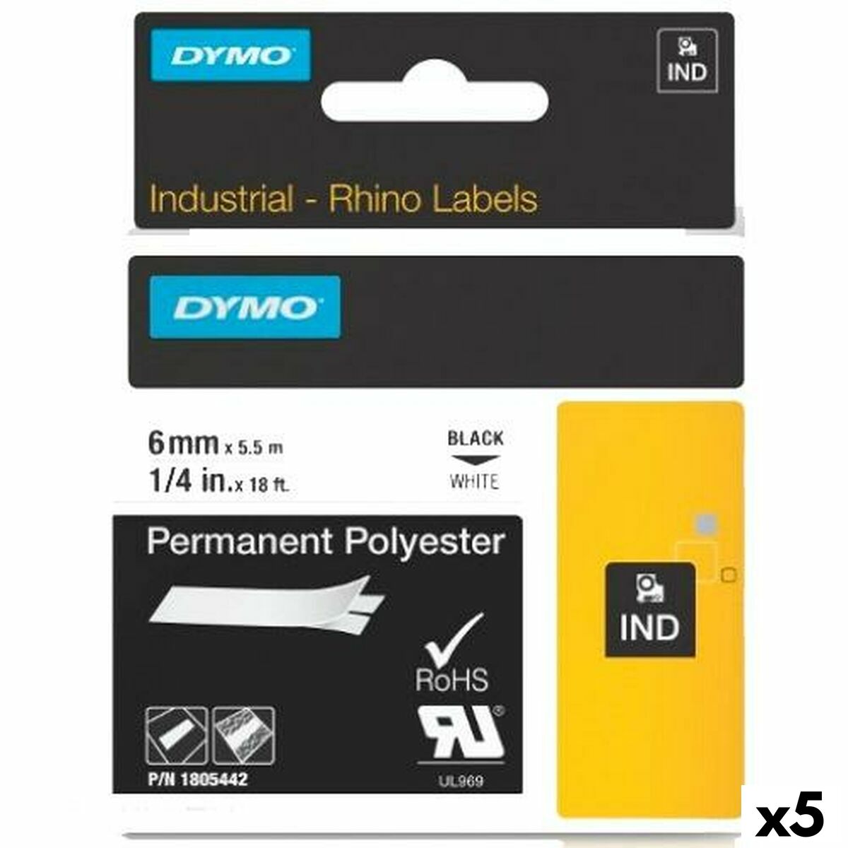 Nastro Laminato per Etichettatrici Rhino Dymo ID1-6 Bianco Nero 6 x 5,5 mm (5 Unità)