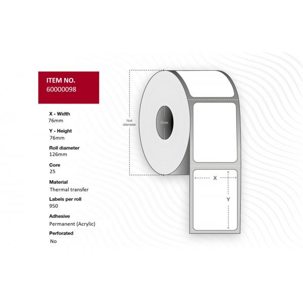Capture 60000098 Etichetta Per Stampante Bianco (label 76x76 - Core 25. - Thermal Transfer, Permanent. - 950 Labels Per Roll, 12 Rolls Pr Box.)