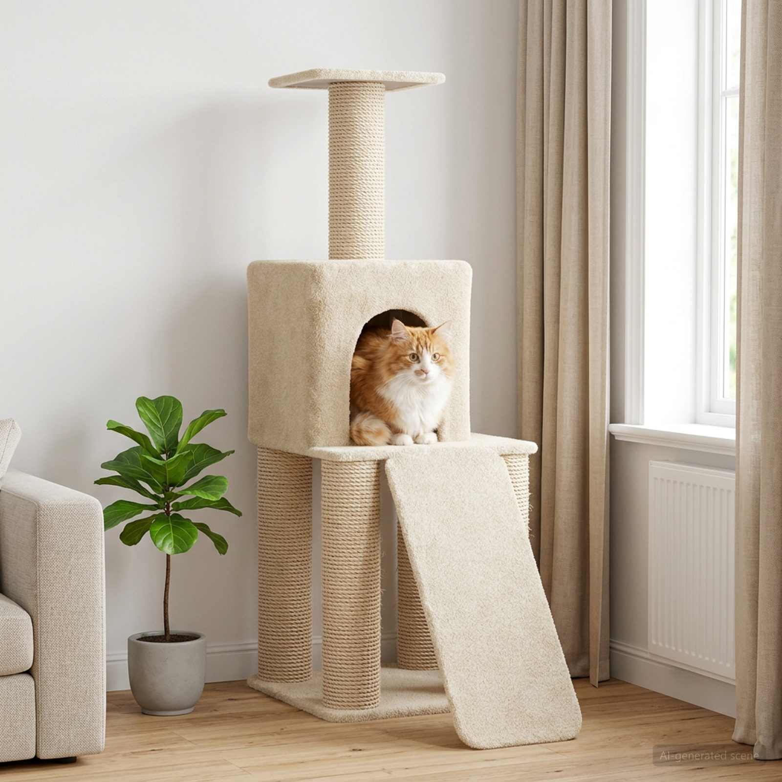Albero Per Gatti Con Pali Per Graffiare In Sisal Crema 146 cm