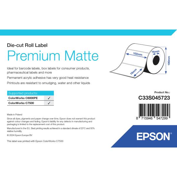 Epson Premium Matte Label - DiE-Cut Roll: 102mm X 76mm, 1570 Labels (premium Matte DiE-Cut - 102mmx76mm 1570 Lbls)