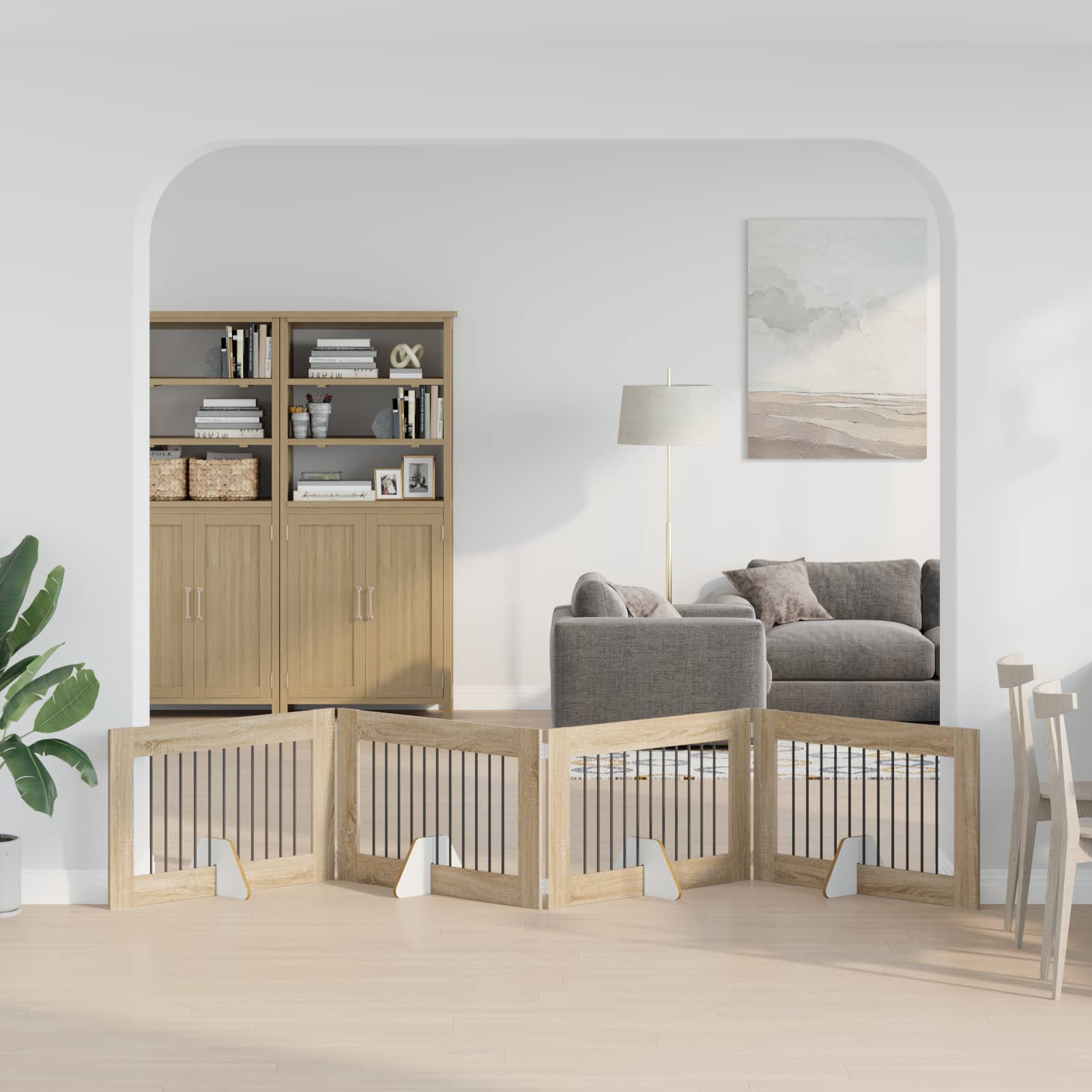 Cancello Per Cani Pieghevole Con Supporti 4 Pz Rovere Sonoma
