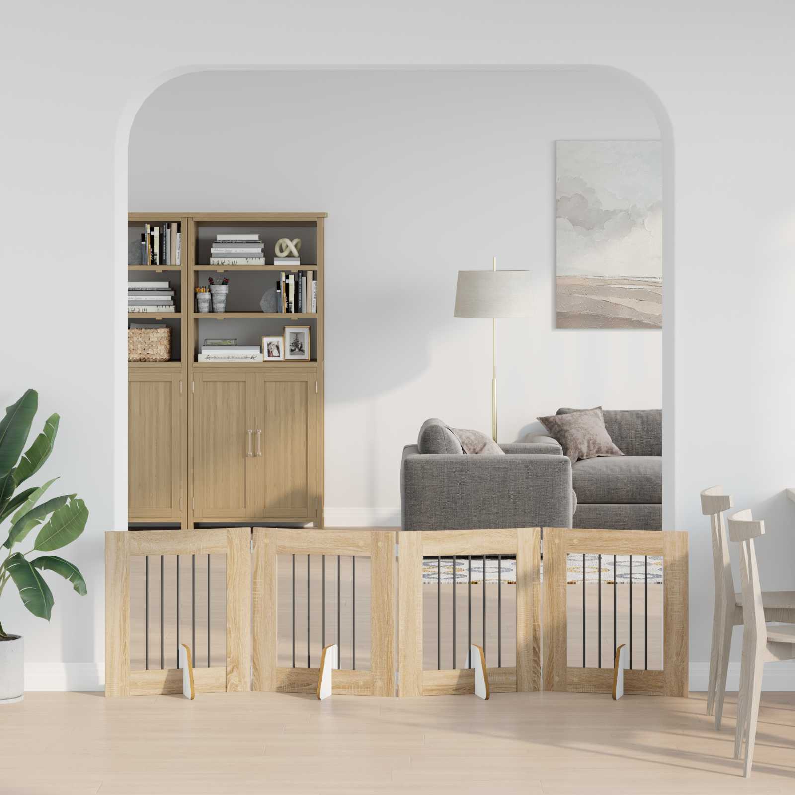 Cancello Per Cani Pieghevole Con Supporti 4 Pz Rovere Sonoma
