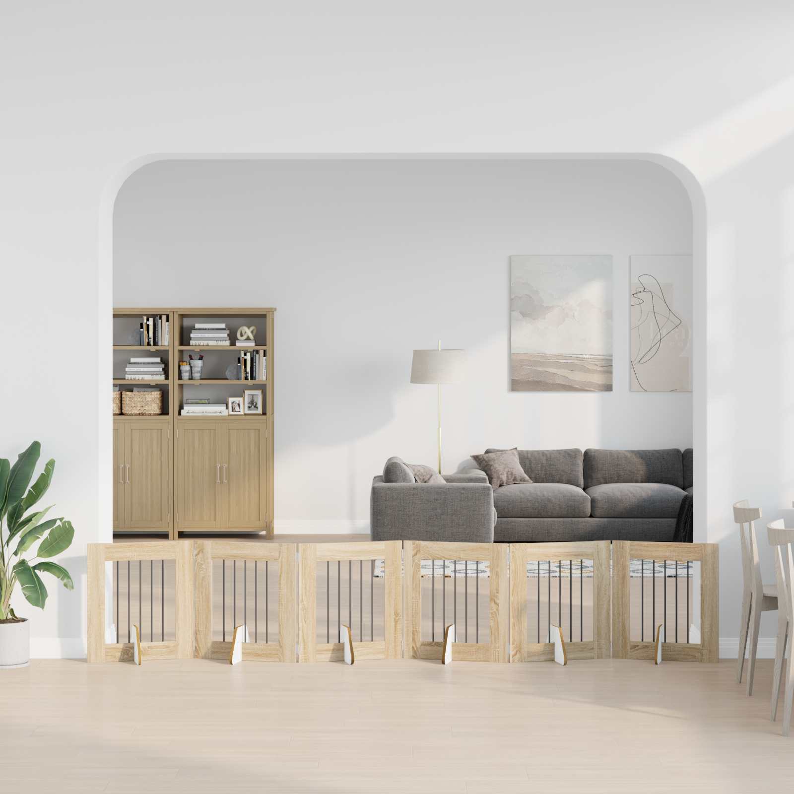 Cancello Per Cani Pieghevole Con Supporti 6 Pz Rovere Sonoma