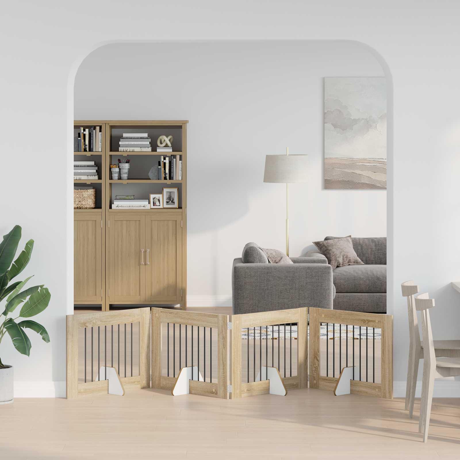 Cancello Per Cani Pieghevole Con Supporti 4 Pz Rovere Sonoma