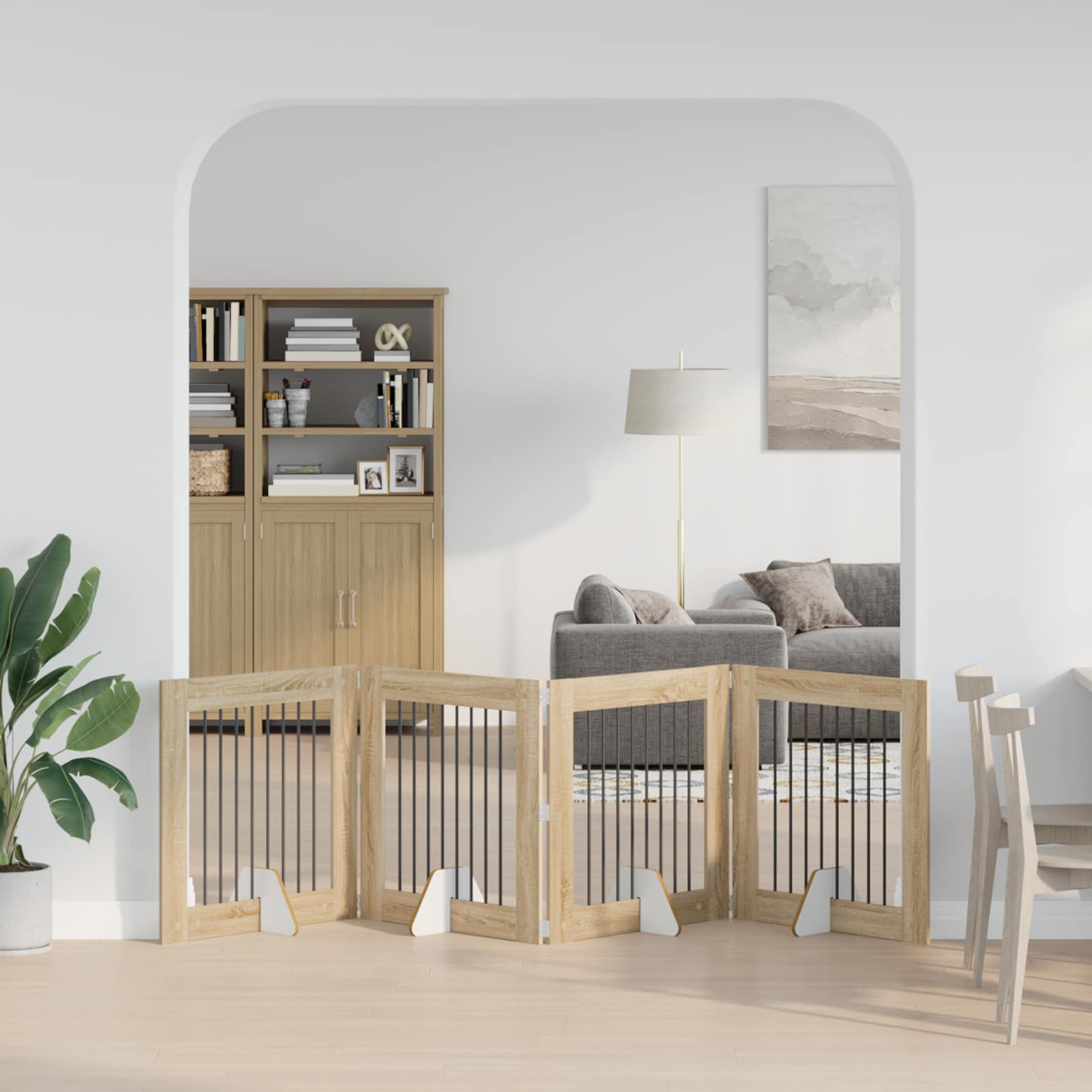 Cancello Per Cani Pieghevole Con Supporti 4 Pz Rovere Sonoma