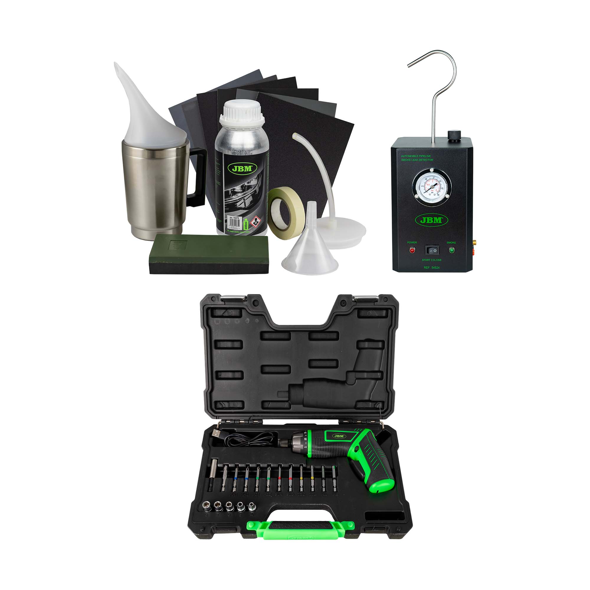 53673 Kit Di Restauro Fari + 54524 Rilevatore Di Perdite + 54683 Avvitatore A Batteria