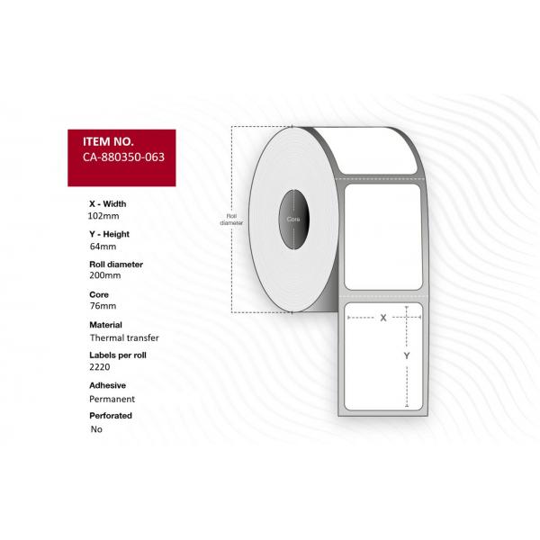 Capture CA-880350-063 Etichetta Per Stampante Bianco (label 102 X 64mm, Core 76mm, - Thermal Transfer, Polyester, - Permanent, No Perforation, 2220 L