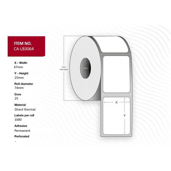 Capture CA-Lb3064 Etichetta Per Stampante Bianco (label 47x25, Core 25, - Diameter 74 Mm. Thermal - Print. Uncoated. Permanent. 1000 Labels Per Roll.