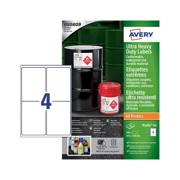 Avery B3483-50 Ultra Resistant Labels 50 Sheets - 4 Labels Per Sheet