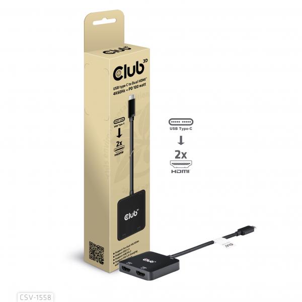 Club3d Mst Hub Type C A Dual Hdmi 4k60hz M/f + Pd3.0 100 Watt