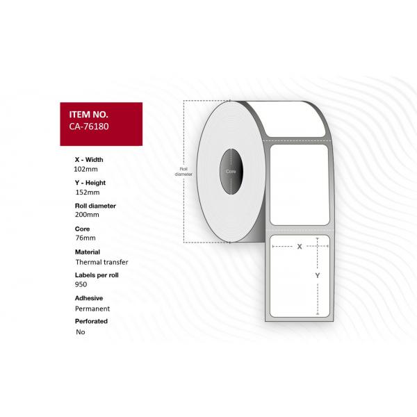 Capture CA-76180 Etichetta Per Stampante Bianco (label 102 X 152mm, Core 76mm, - Thermal Transfer, Uncoated, - Permanent, No Perforation, 950 Labels